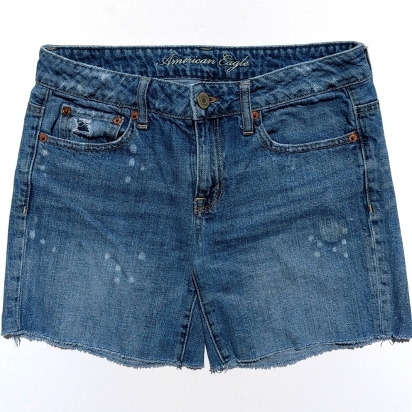 American Eagle Mid Rise Medium Wash Bleach Spot Raw Hem Denim Jean Shorts Blue 2 - Picture 1 of 12